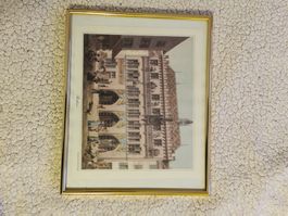 Alte Lithographie, Rathaus Basel-Stadt, gerahmt, Top!