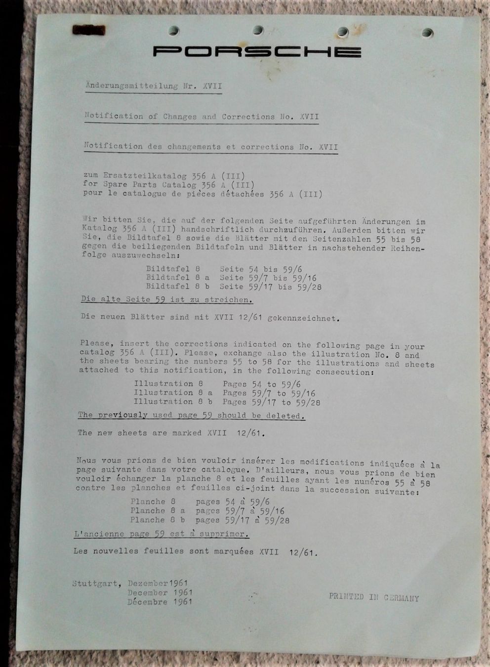 Porsche Documenti: Porsche 356 A - Änderungsmitteilungen / Notifications cat. – Usato da Lausanne venduto da LasloH