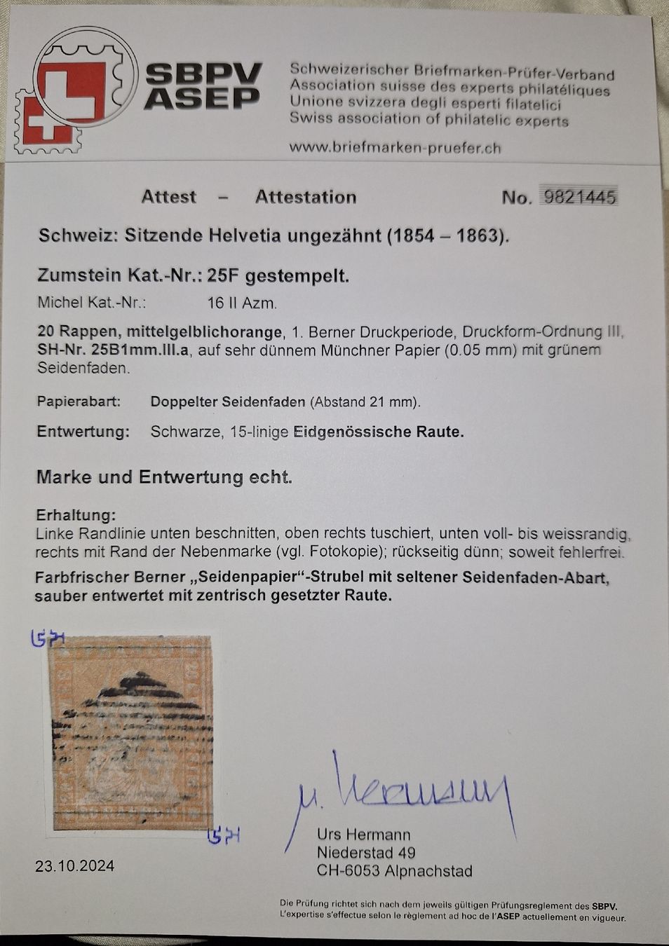 Tutti i francobolli: Strubel 25F mit DP Seidenfaden + Gr. Att. Kat. 545.- – Usato da Balgach venduto da SIMEON27 2