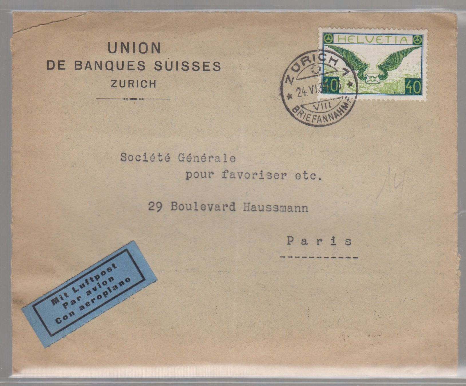 Alle Briefmarken: Poste aérienne 15z sur lettre – Gebraucht aus Boécourt von Denteles66