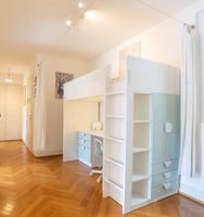 SMASTAD Loft bed, white/green with desk with 4 drawers