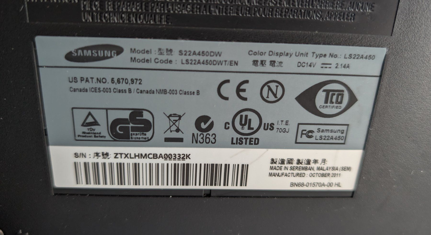 Samsung Monitor: Samsung 22" Monitor - SyncMaster S22A450DW – Usato da Dietlikon venduto da ComdatAG 3