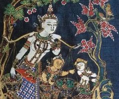 Thailand: 2 Kunstdrucke auf Seide, Thai-Motive, je 30x30 cm