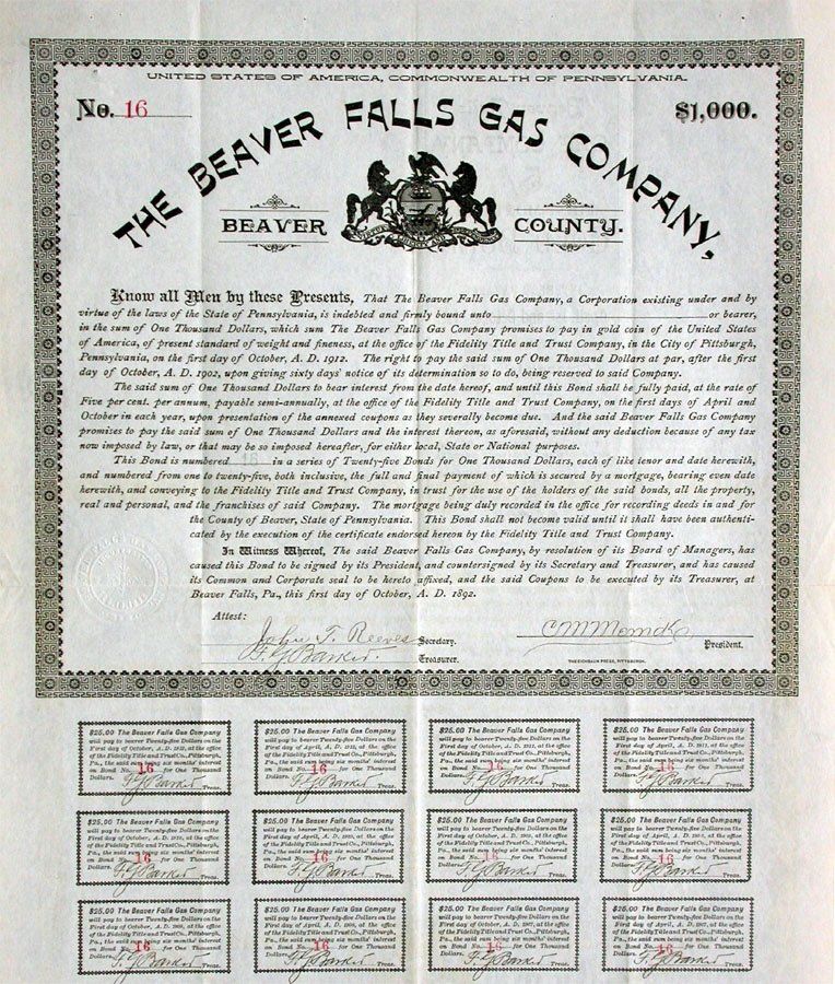 Documenti: Beaver Falls Gas Company - 1892 – Usato da Solothurn venduto da Sgasche
