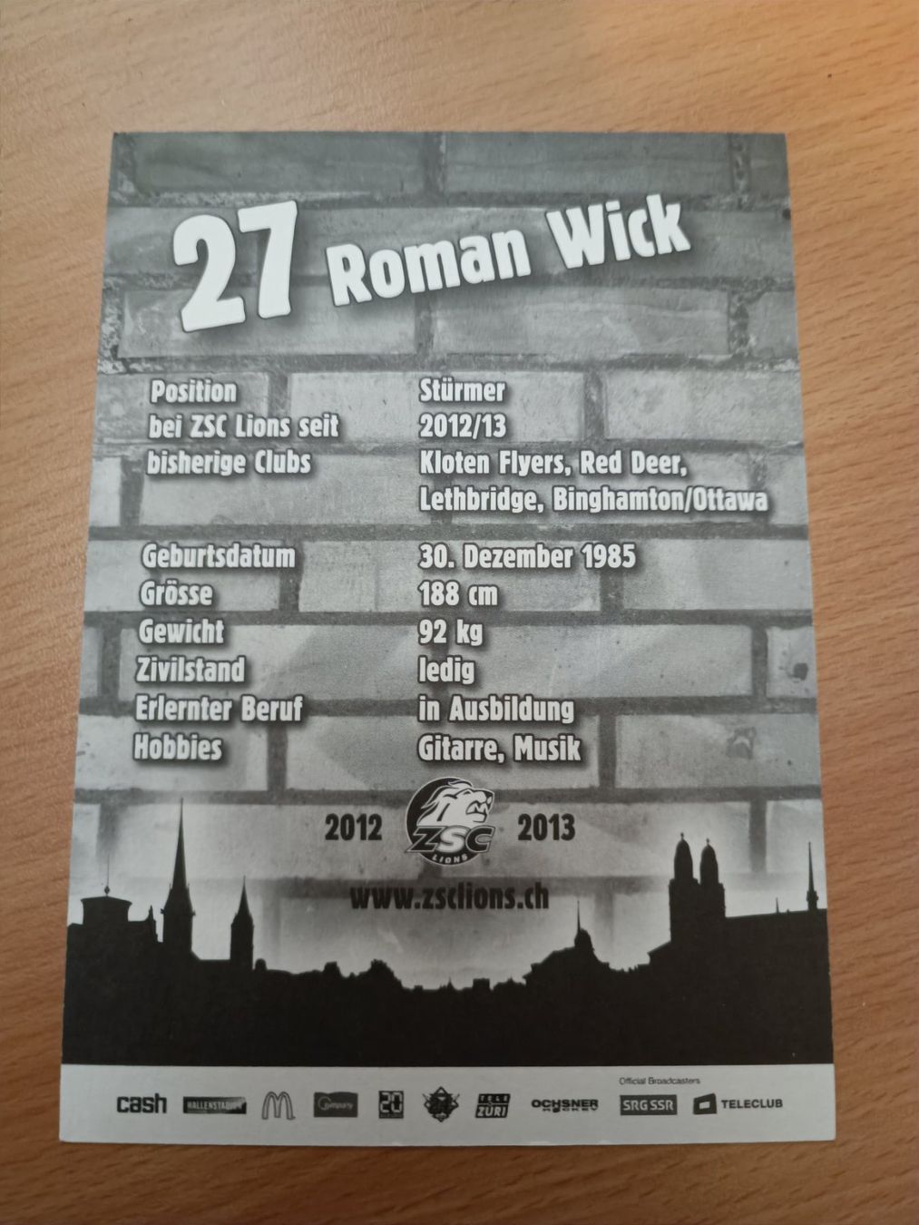 Autografi: Roman Wick - ZSC 2012 - handsigniert – Usato da Menziken venduto da Artographs 1