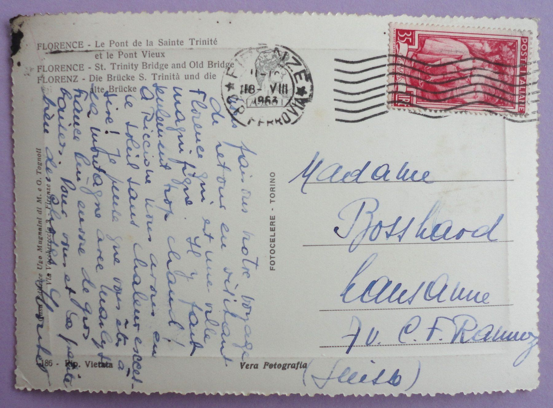 Cartoline postali: Firenze - Ponte S. Trinità e Ponte Vecchio – Usato da Fétigny venduto da Billy2miny 1