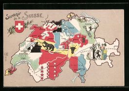 Litho Schweiz, Landkarte mit Kantonen de