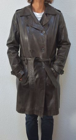 Dunkelbrauner, weicher Damen Ledermantel mit Gürtel, Gr. 40