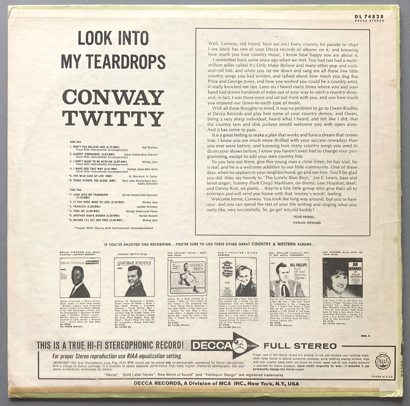 Dischi in vinile: CONWAY TWITTY - LOOK INTO MY TEARDROPS – Usato da Poliez-Pittet venduto da Newtown-Records 1
