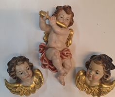 3 Engel Figuren Holz 2x Kopf 1x Ganz mit Flöte