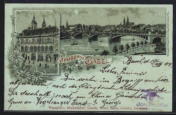 Ansichtskarten: Mondschein-Lithographie Basel, Rathaus u – Gebraucht aus Berlin von bartko-reher