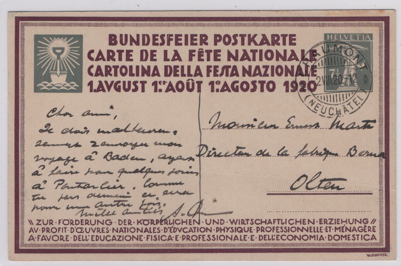Cartoline postali: Bundesfeierkarte 1920 Nr. 28 Le Labour – Usato da Gordola venduto da tist 1