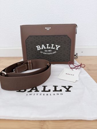 Bally clutch bag brown leather monogram with strap