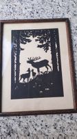 Découpage forêt cerfs cadre bois 40x30cm vintage