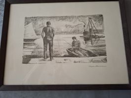 Originale Zeichnung von Caspar Herrmann, gerahmt!
