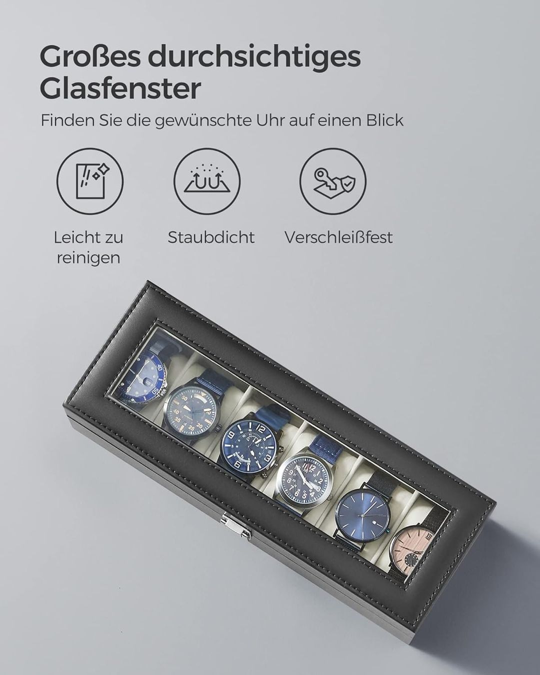 Scatole porta orologi: Uhrenbox 6 Fächer Glasdeckel Schmuckbox schwarz beige – Nuovo e nell'imballaggio originale da Wittenbach venduto da SELVARO 4