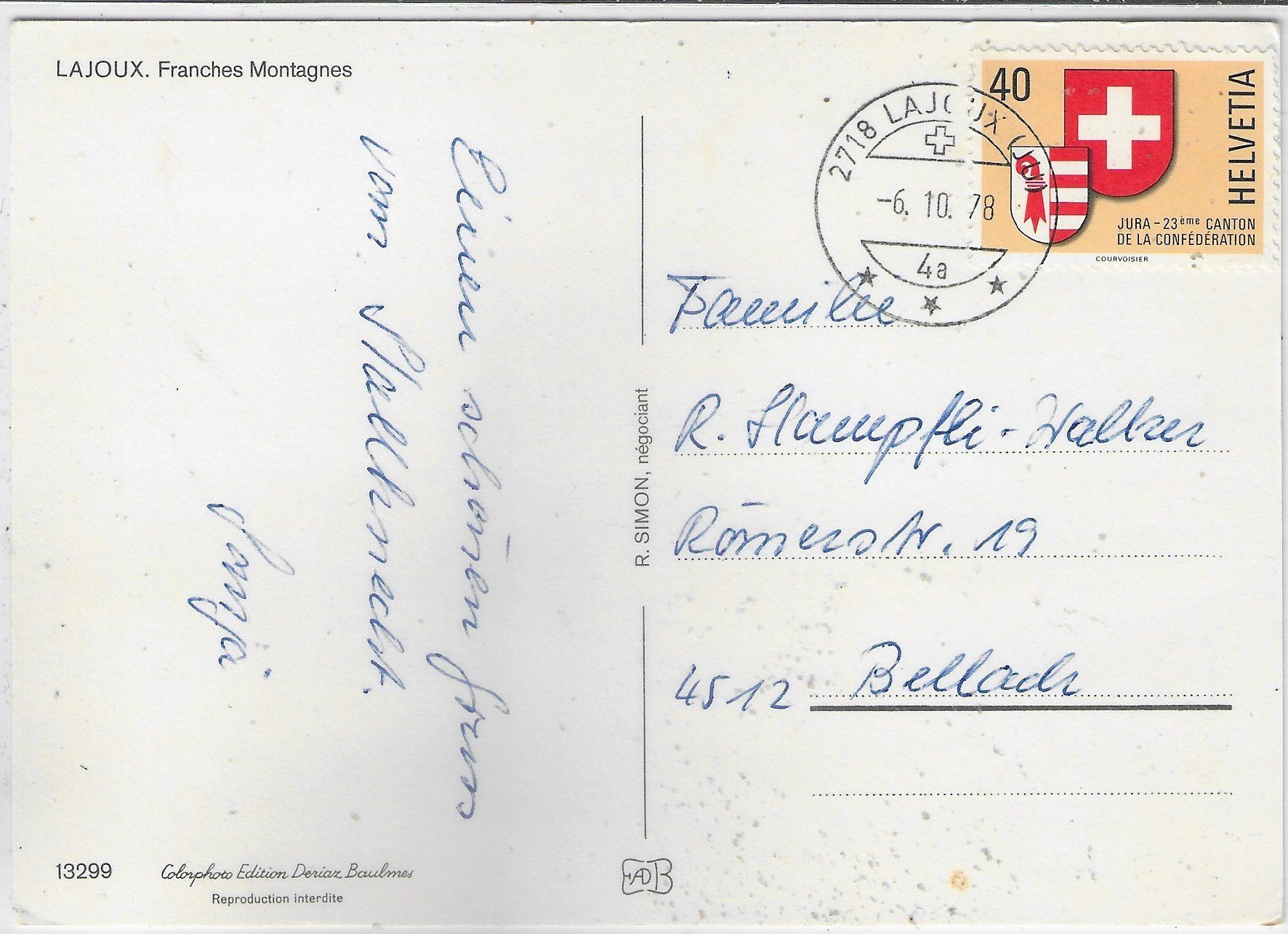 Cartoline postali: La Joux - Franches Montagnes – Usato da Ettingen venduto da Kartenplanet 1