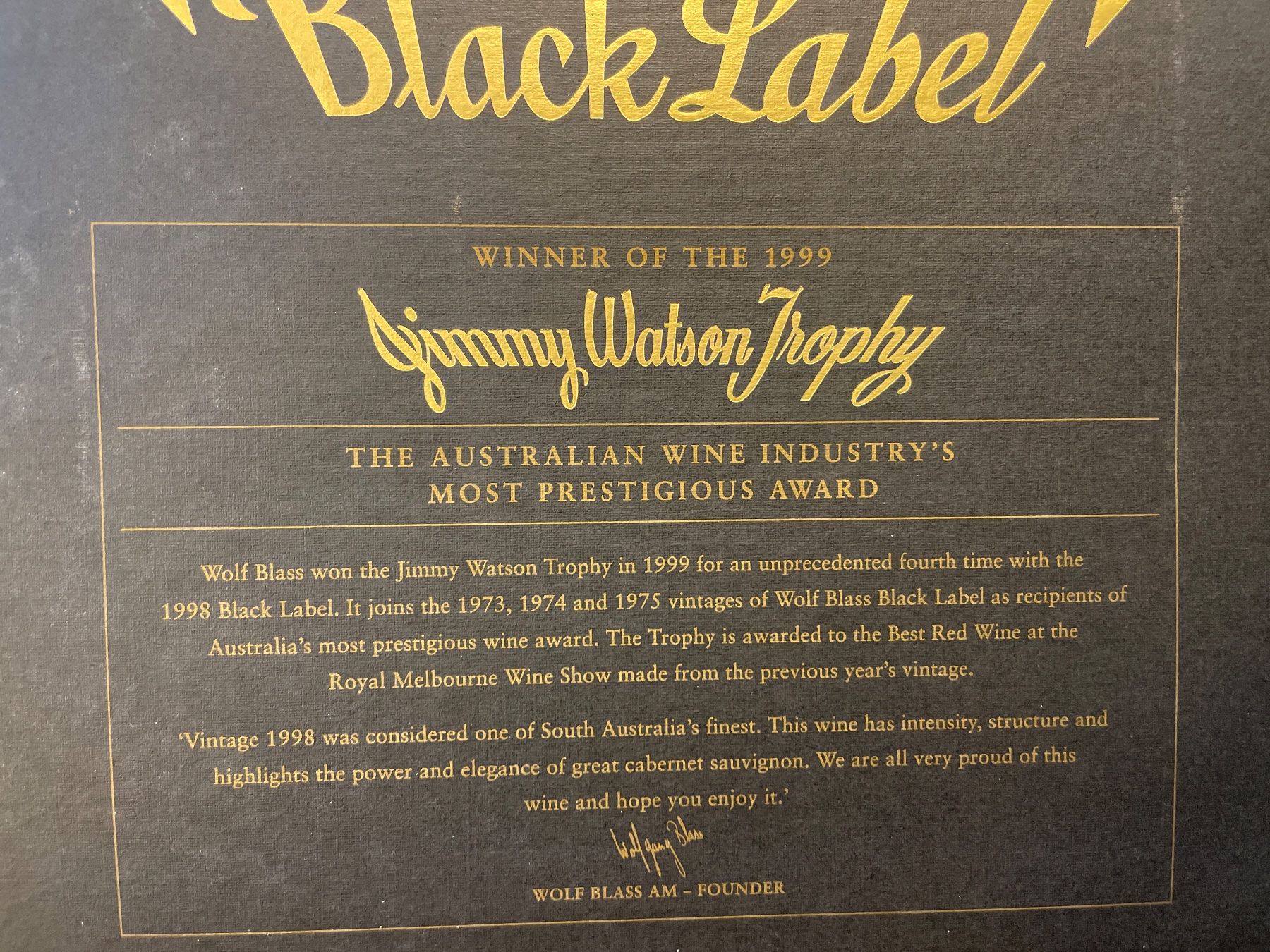 Vino: 6 Flaschen Wolf Blass 1998 Black Label in Originalkarton – Usato da Hölstein venduto da kolumbus1964 1
