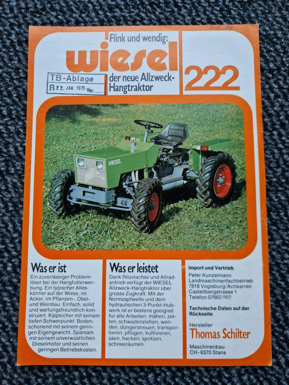 Schilter Trattori: Original Prospekt Thomas Schilter Wiesel 222 Traktor – Usato da Dürnten venduto da Bachtel84