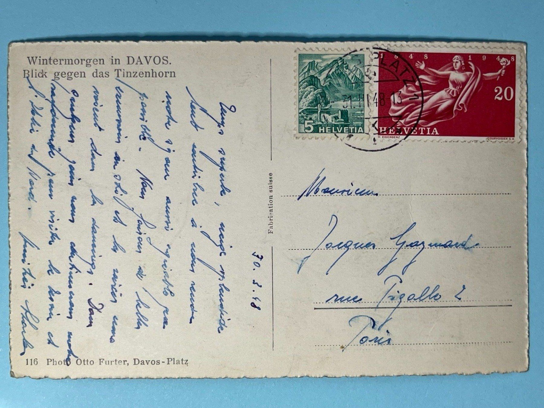Cartoline postali: Wintermorgen in Davos - 1948 – Usato da Steg VS venduto da danwer74 1