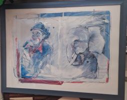 Knie Zirkus-Clown und Elefant im blauen Rahmen 87 x 67 cm