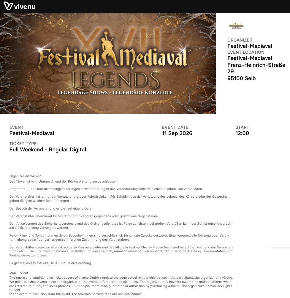 Biglietti: Festival Mediaval Legends Ticket – Nuovo (secondo la descrizione) da Steinhof SO venduto da Morepointless 1