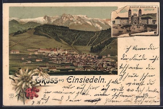 Cartoline postali: Litho Einsiedeln, Kloster, Gesamtansicht – Usato da Berlin venduto da bartko-reher