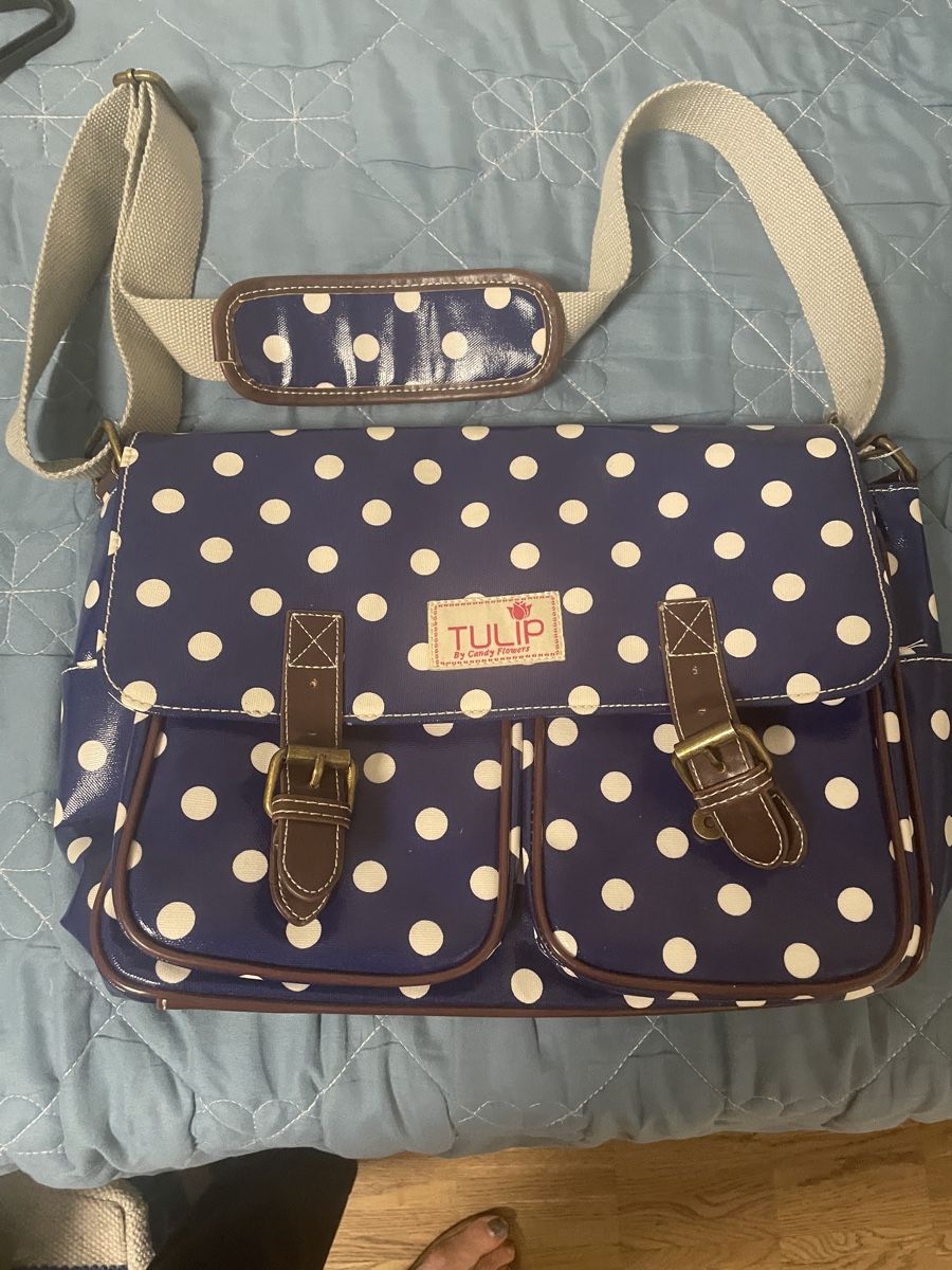 Tulip Taschen für Damen: Handtasche von Tulip, Dunkelblau mit Punkten, Top Zustand! – Gebraucht aus Zürich von Belisimo