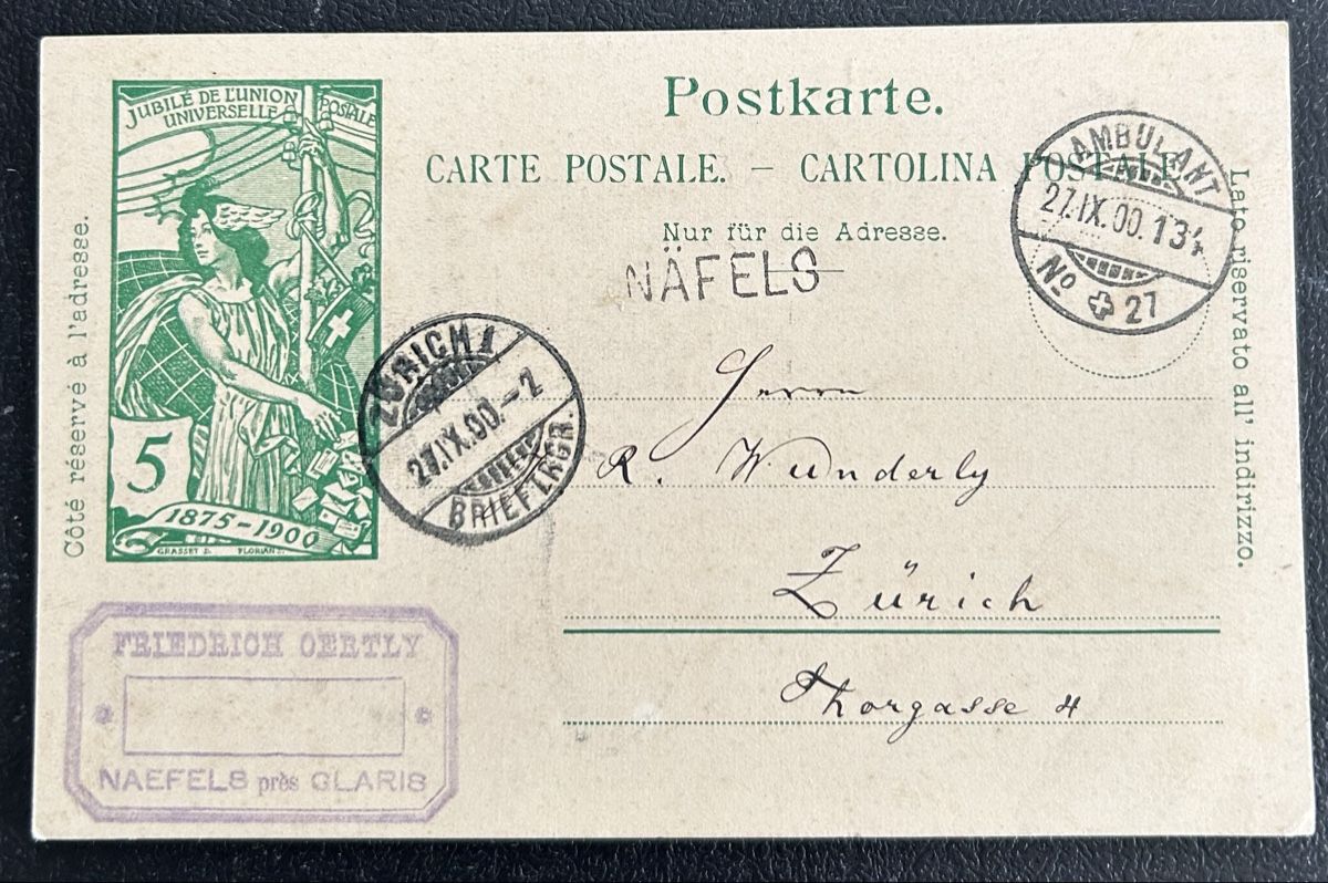Tutti i francobolli: UPU Postkarte mit Einzeiler Näfels  – Usato da Horw venduto da Tellbub