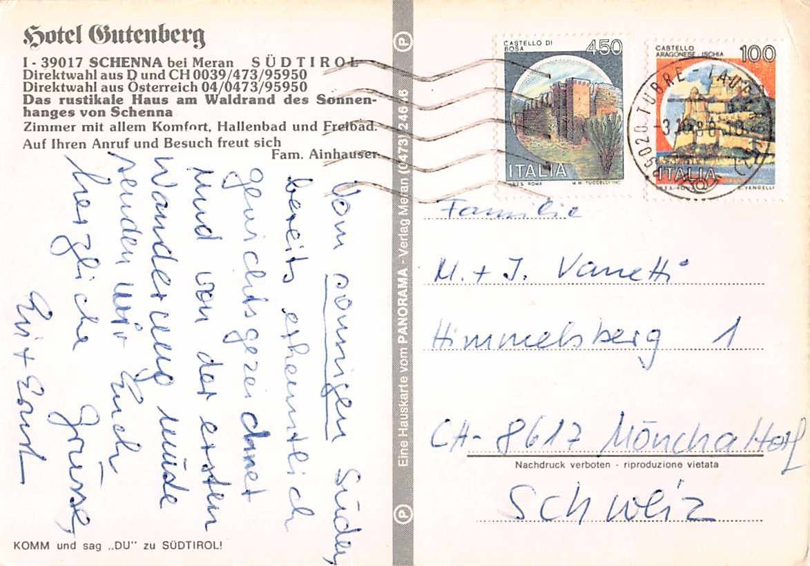 Cartes postales: Ab 1.--    Ansichtskarte EXOTIQUE: SCHENNA HOTEL GUTENBERG – D'occasion à Lufingen par SchnaeppliCorner 1