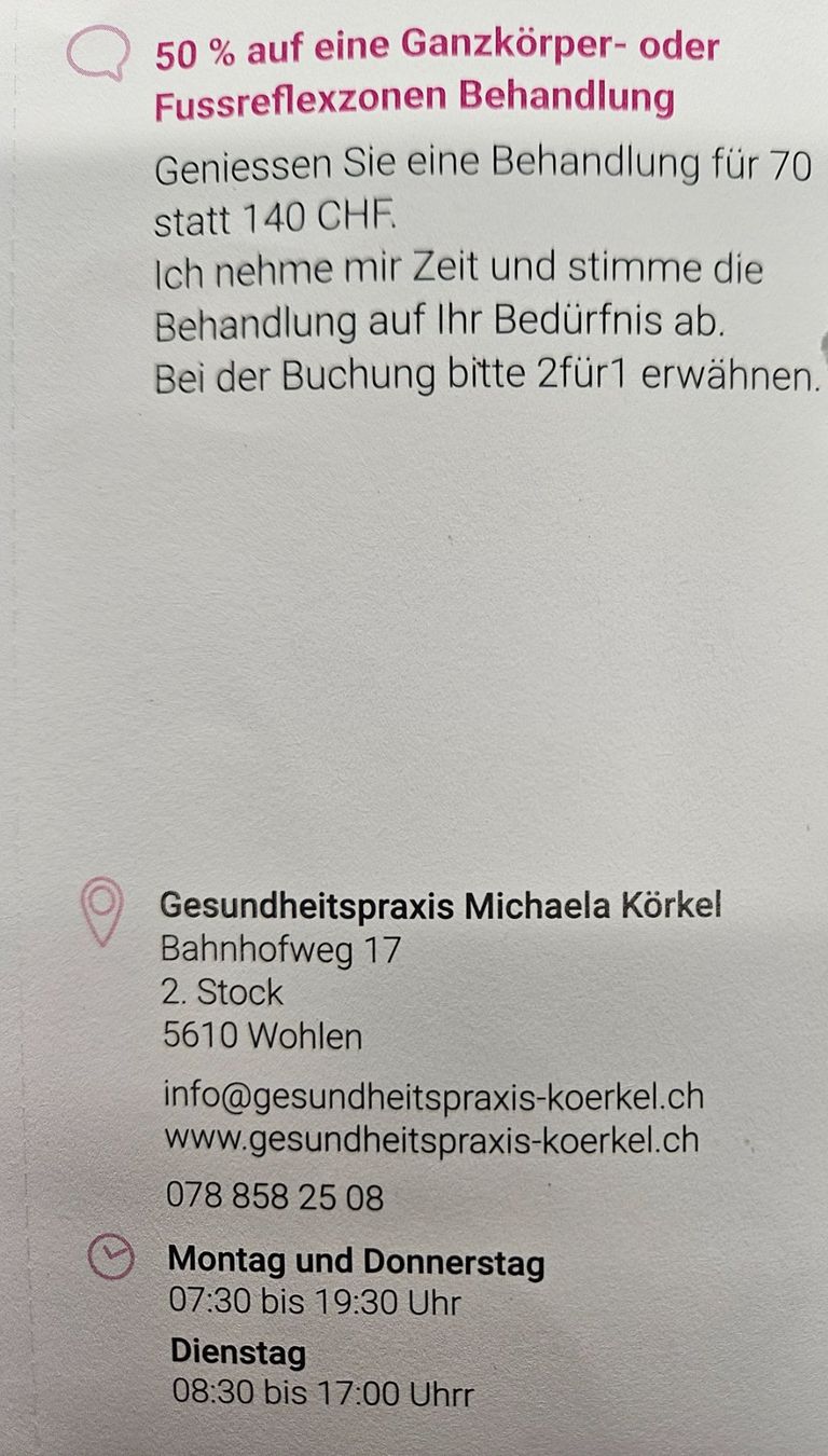 Gutscheine: 50% Gesundheitspraxis Michaela Körkel Wohlen – Neu und originalverpackt aus Uezwil von Jasmin_ 1