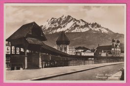 Luzern gel 1937 Kapellbrücke Wasserturm mit Pilatus