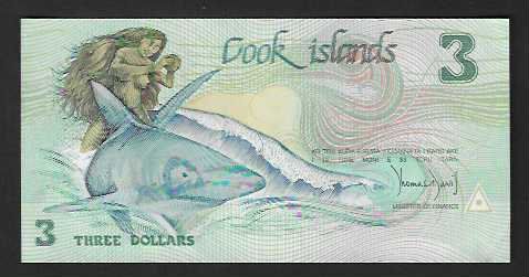 Banknoten: Cook  Islands  3  Dollars  Ungebraucht  98 % – Gebraucht aus Gordola von coinsandnotes