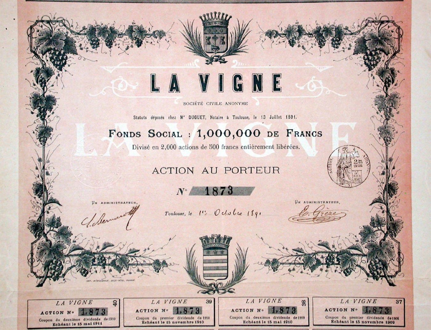 Documenti: La Vigne, Toulouse - 1891 – Usato da Solothurn venduto da Sgasche
