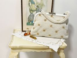 Tasche Henkeltasche weiss-gold mit Perlen VINTAGE 1950s