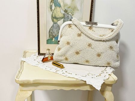 Tasche Henkeltasche weiss-gold mit Perlen VINTAGE 1950s