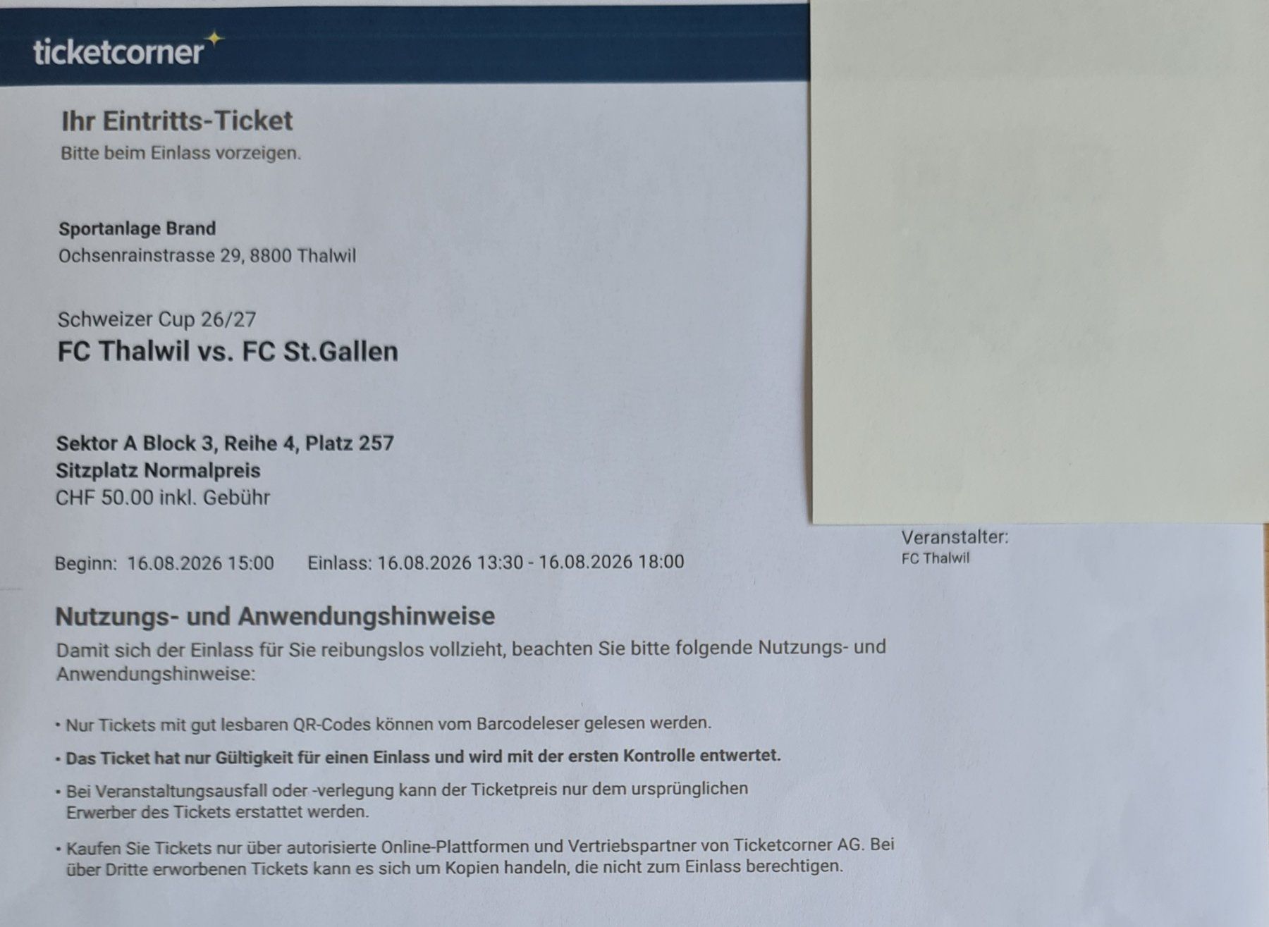 Tickets: FCSG vs. TC Thalwil (Schweizer Cup) – Neu (gemäss Beschreibung) aus St. Gallen von har_h688