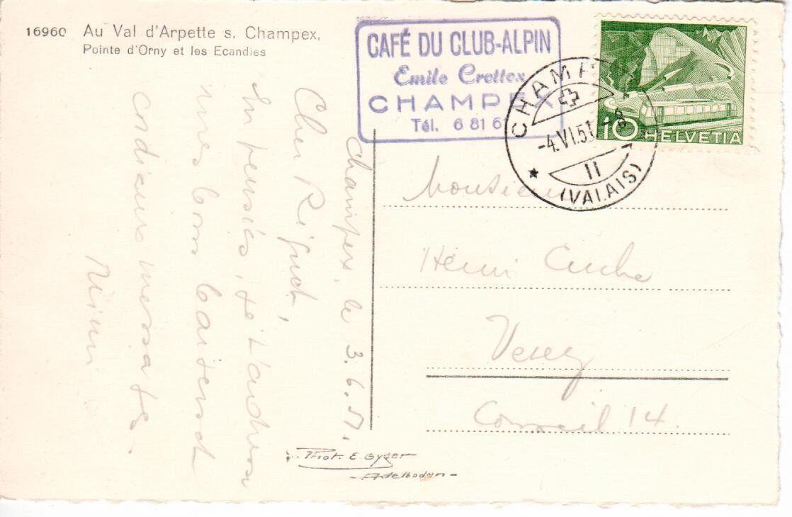 Ansichtskarten: Au Val d`Arpette s. Champex 1951 – Gebraucht aus Wolhusen von Curver9 1