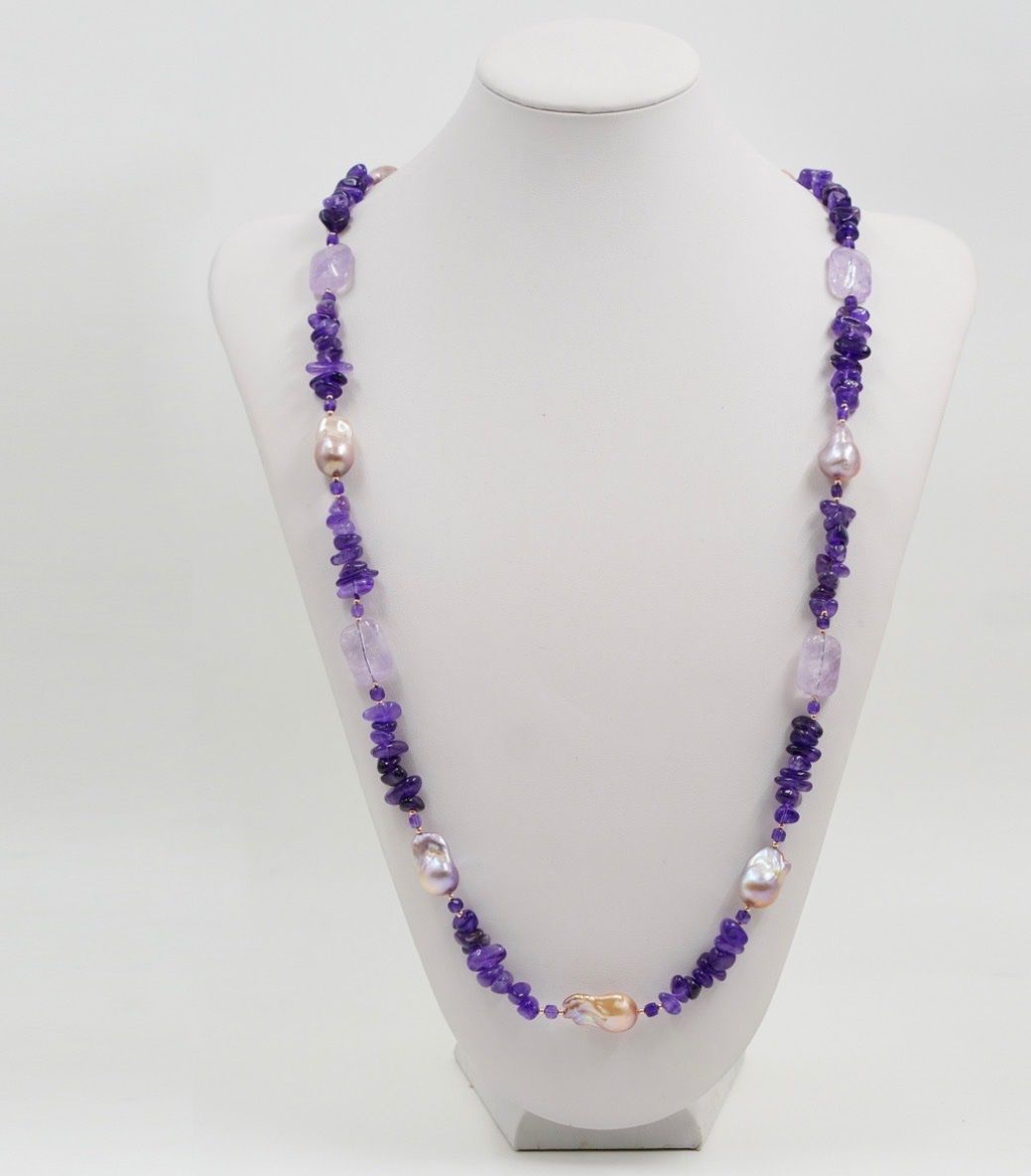 Ketten: Neue Halskette mit Amethyst, Barockperlen, Silberverschluss – Neu und originalverpackt aus Lamone von LaCantinaMagica 1