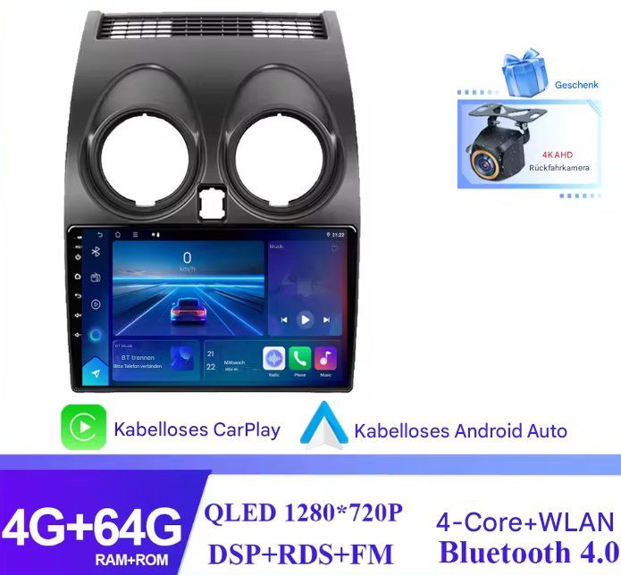 4G&64G 9 Autoradio per Nissan Qashqai J10 2006-2016(Con schermo di navigazione) con Carplay Android Auto,Bluetooth RDS/FM Radio,Wi-Fi GPS Navi,Telecamera posteriore AHD