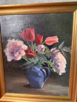 Tableau huile sur toile E. Kohli nature morte fleurs cadre