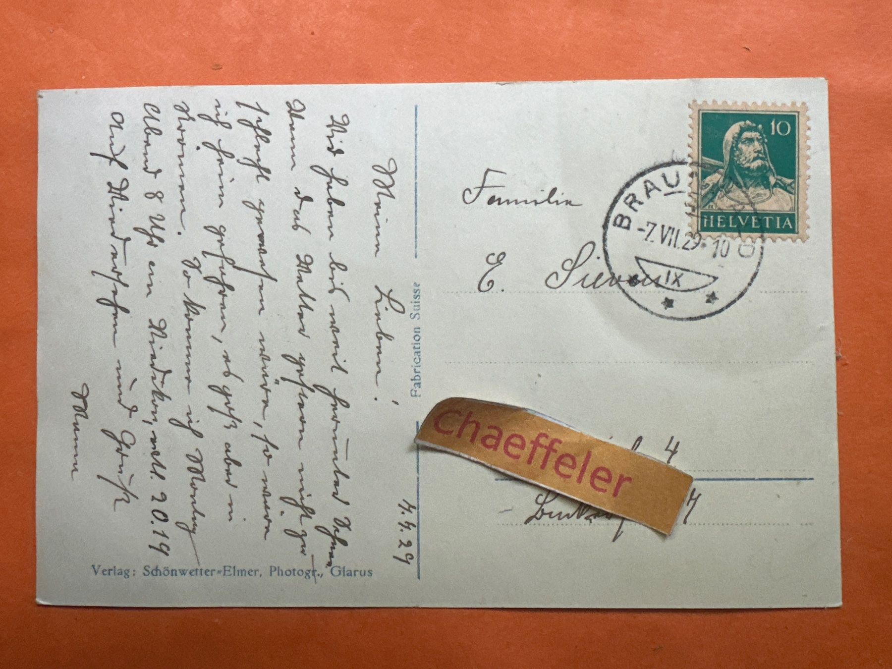 Ansichtskarten: 1929 Braunwald, Hausstockkette – Gebraucht aus Zürich von Chaeffeler 1