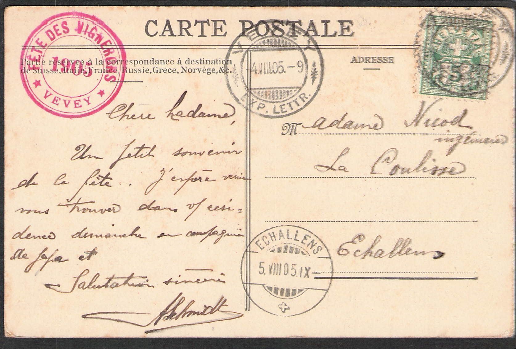 Cartoline postali: ,Fete des Vignerons 1905  , Vevey , – Usato da Reichenburg venduto da Pipo-67 1