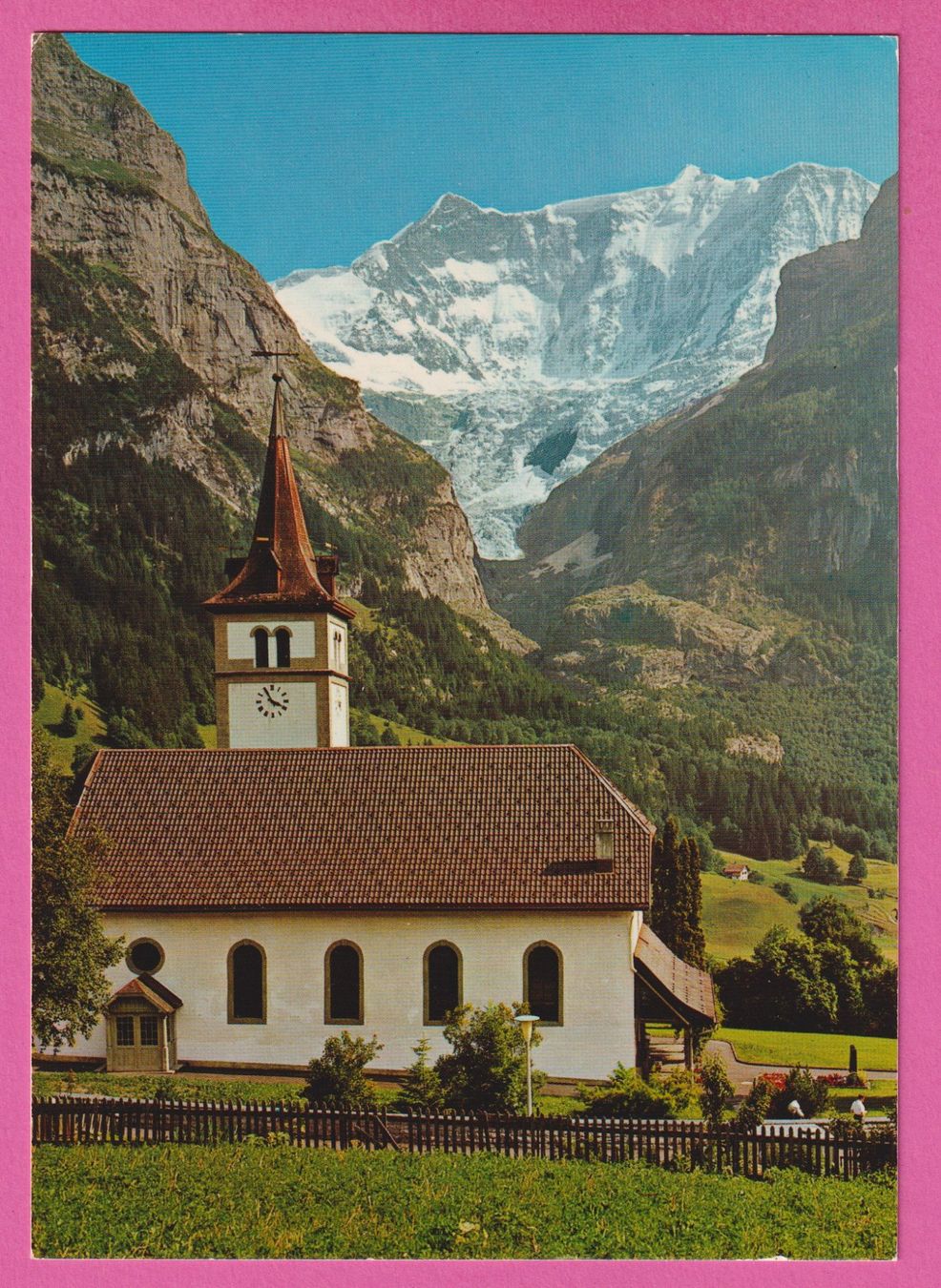 Cartoline postali: Grindelwald Kirche mit Fiescherhörner – Usato da Einsiedeln venduto da dillie