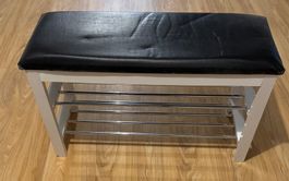 Schuhbank mit Sitzfläche, weiss mit Chrom-Gestell