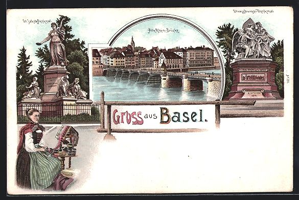Cartoline postali: Litho Basel, Alte Rhein-Brücke, St. Jak – Usato da Berlin venduto da bartko-reher