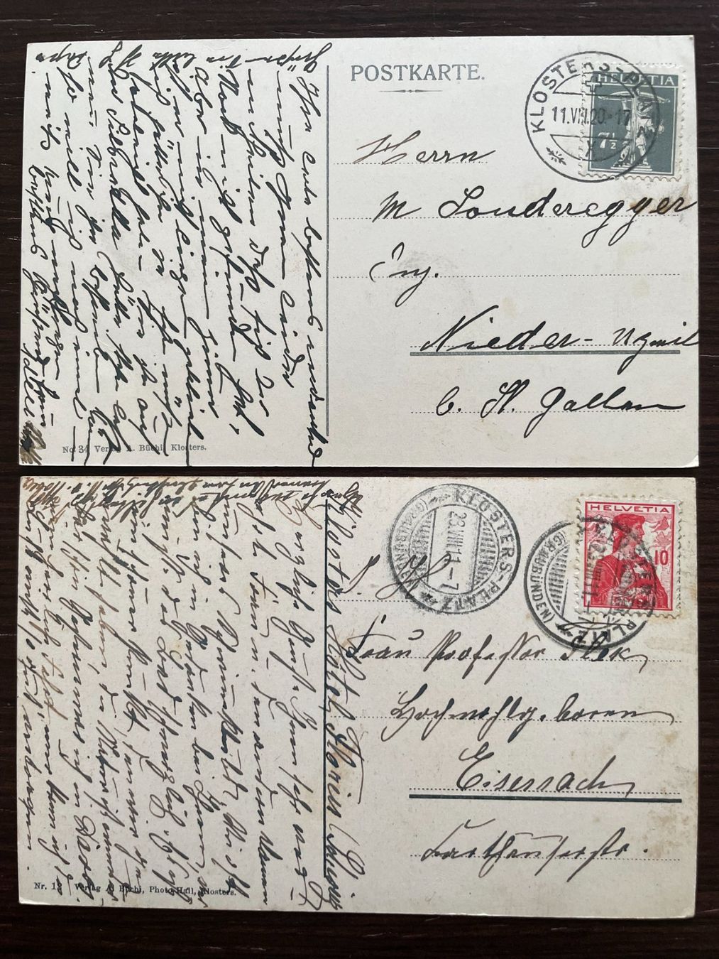 Cartoline postali: KLOSTERS vom Cavadürli aus, 2 Ansichtskarten 1911 + 1920 – Usato da Wald ZH venduto da TLILEF 1