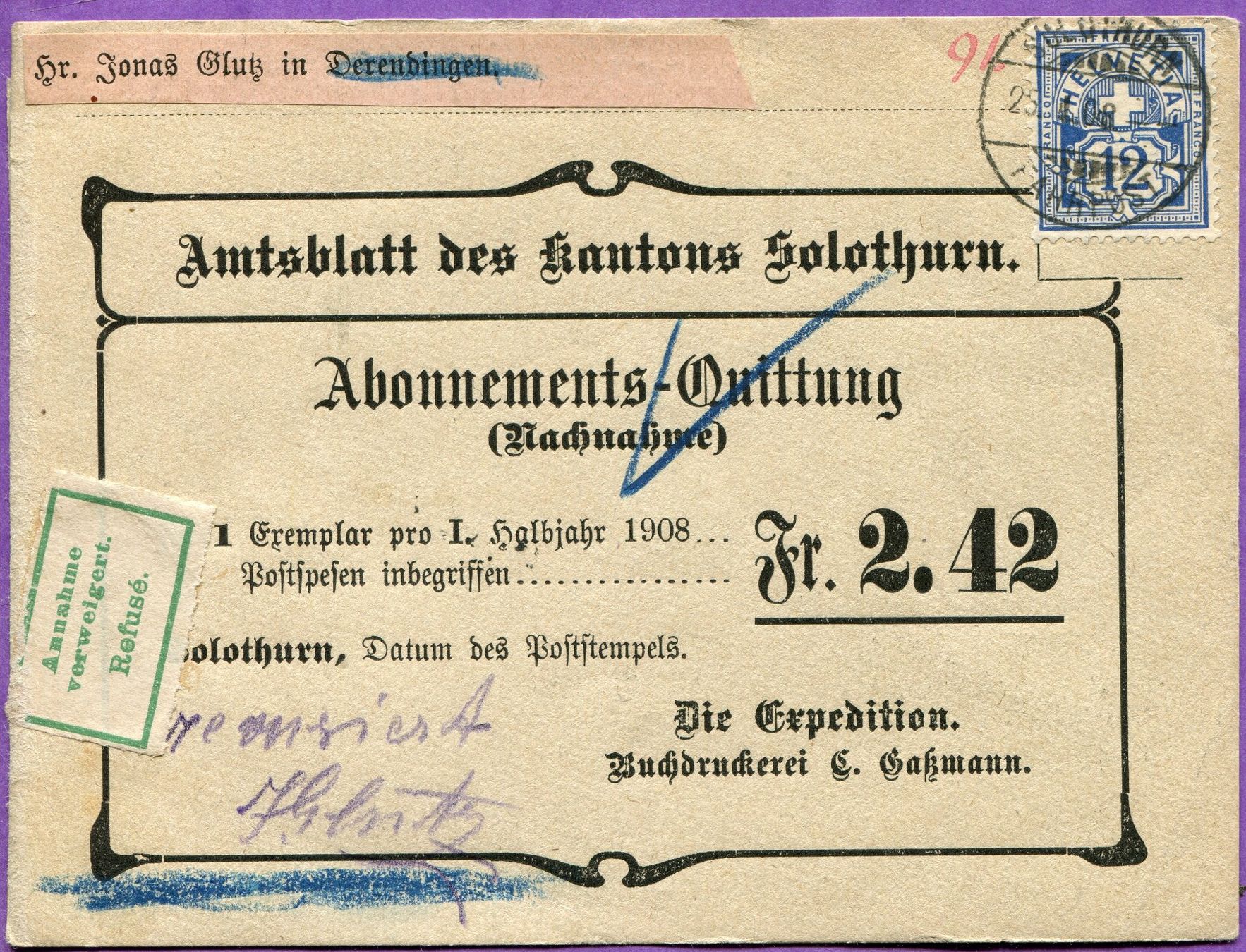 Tutti i francobolli: NN 1908 Solothurn Derendingen Amtsblatt refusé Glutz Gassman – Usato da Zug venduto da pinundpuk
