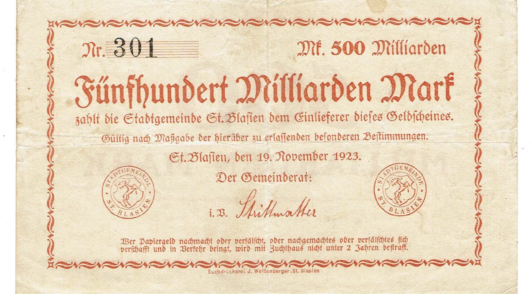Banknoten: St Blasien 500 Mrd.Mark 19.11.1923 SS+-SS++ – Gebraucht aus Steffisburg von ber_8htf