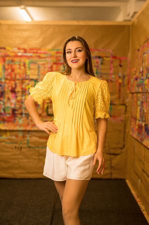 Gelb Yellow Summer Top with Lace Sleeves, Size S